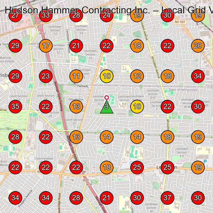 Hudson Hammer Contracting Inc. GeoGrid visibility map for General Contractor in Levittown